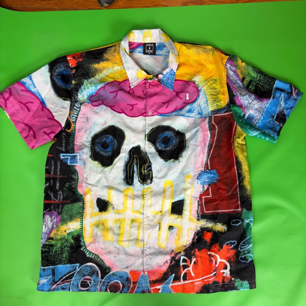 Tango Hotel Splatter Cabana Button Up Shirt Mens L VooDoo Skull SS LE Street Art